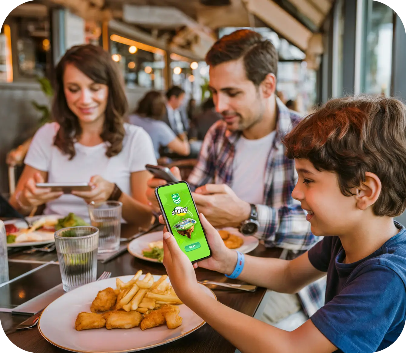Happy kids enjoying their Grub Lab booklet at a restaurant