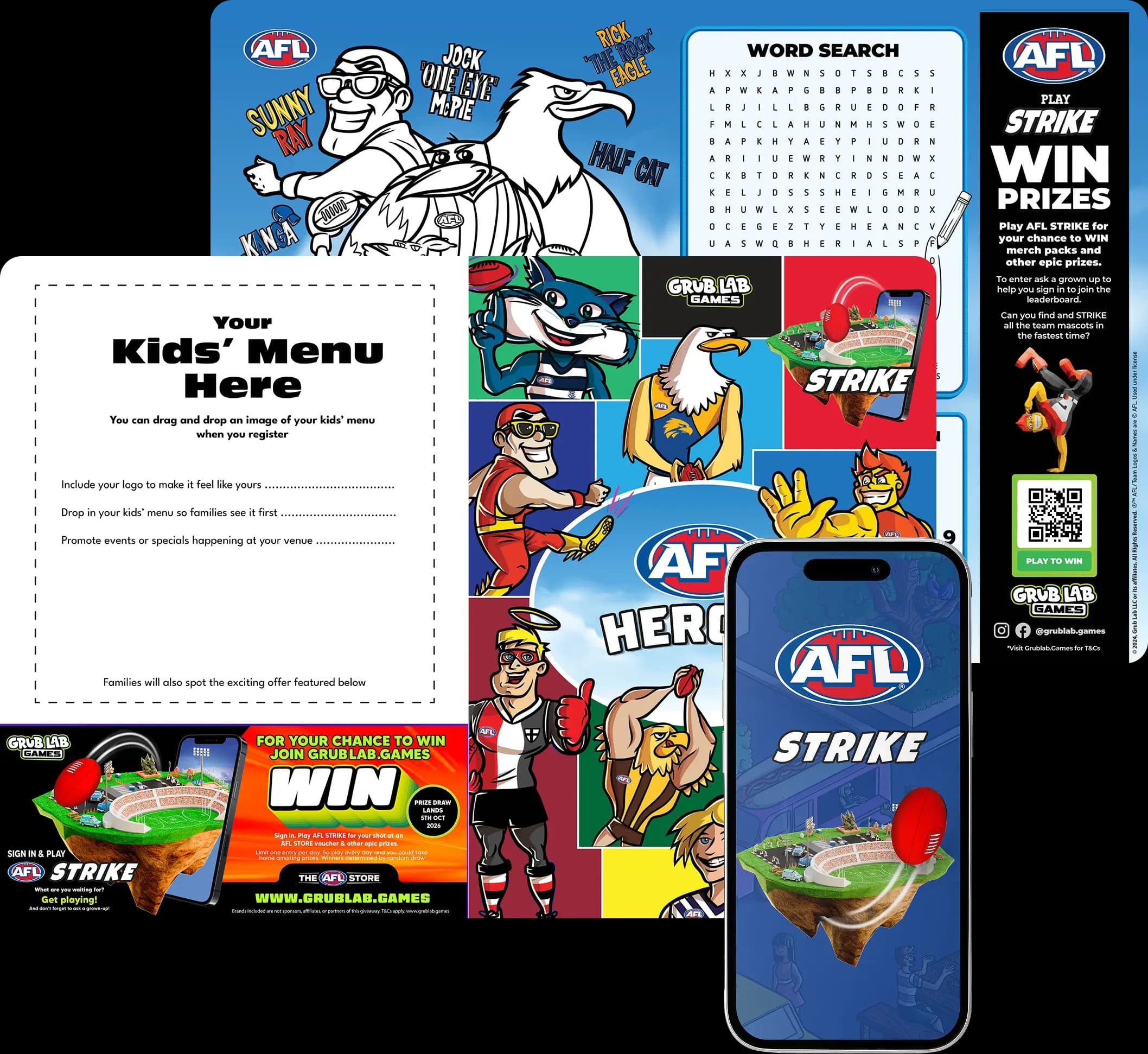 Kids booklet materials with branded activities, digital games, and special offers