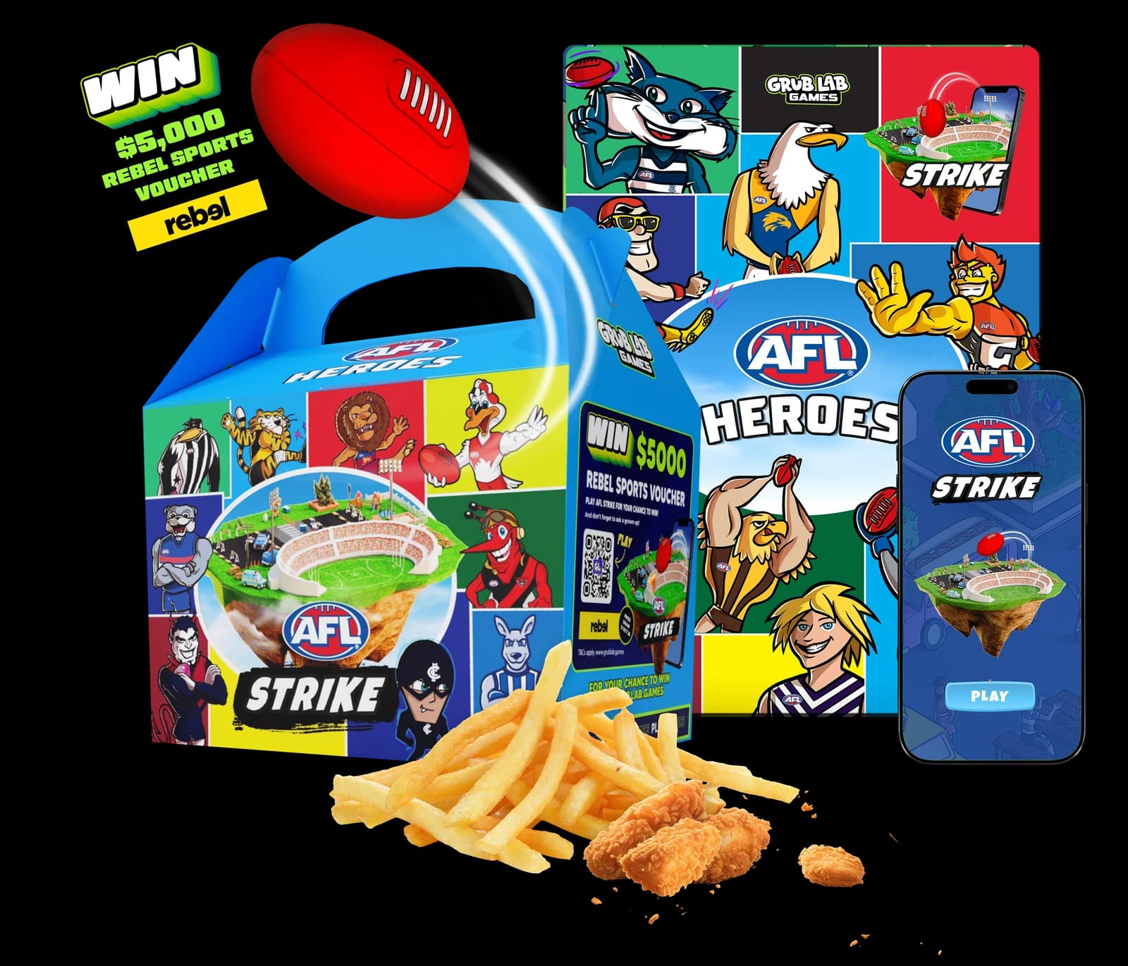 The Grub Lab AFL Play Pack — meal box, activity booklet and digital game