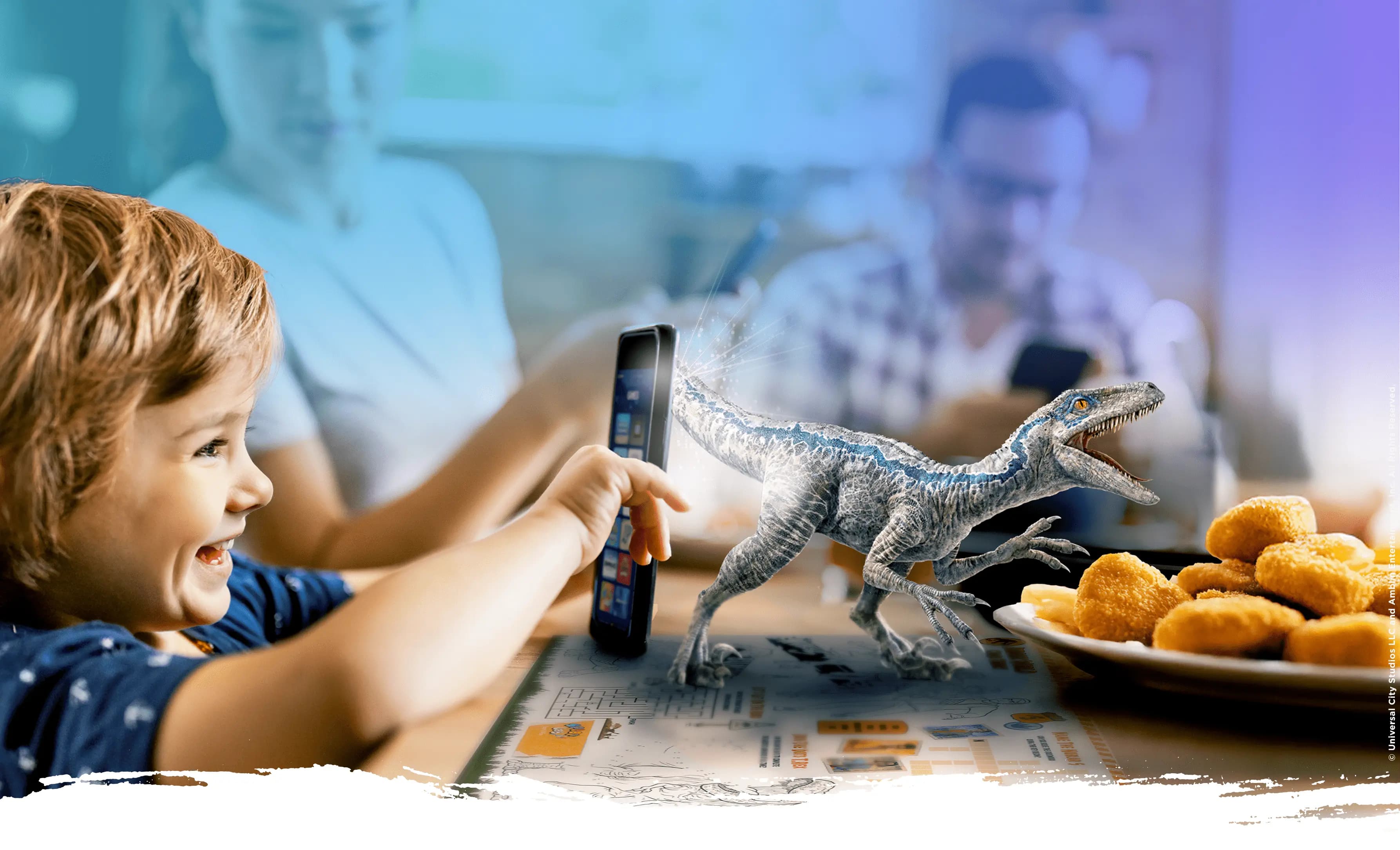 Kids enjoying colorful Grub Lab activity booklets at a restaurant table