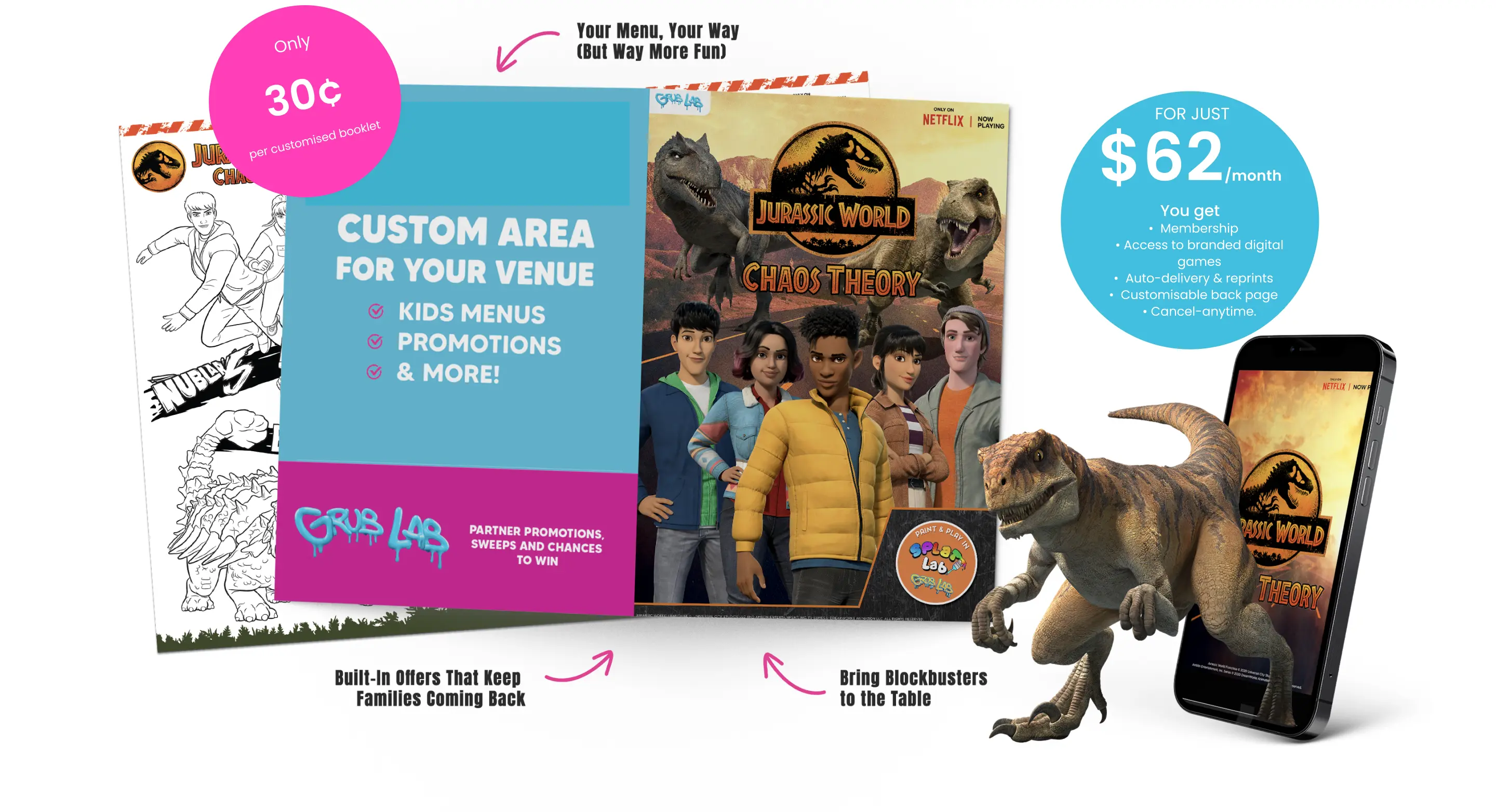 Grub Lab pricing showing $62 per month membership with customisable booklets