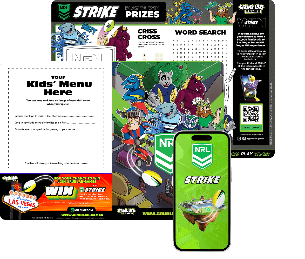Kids menu materials with branded activities, digital games, and special offers