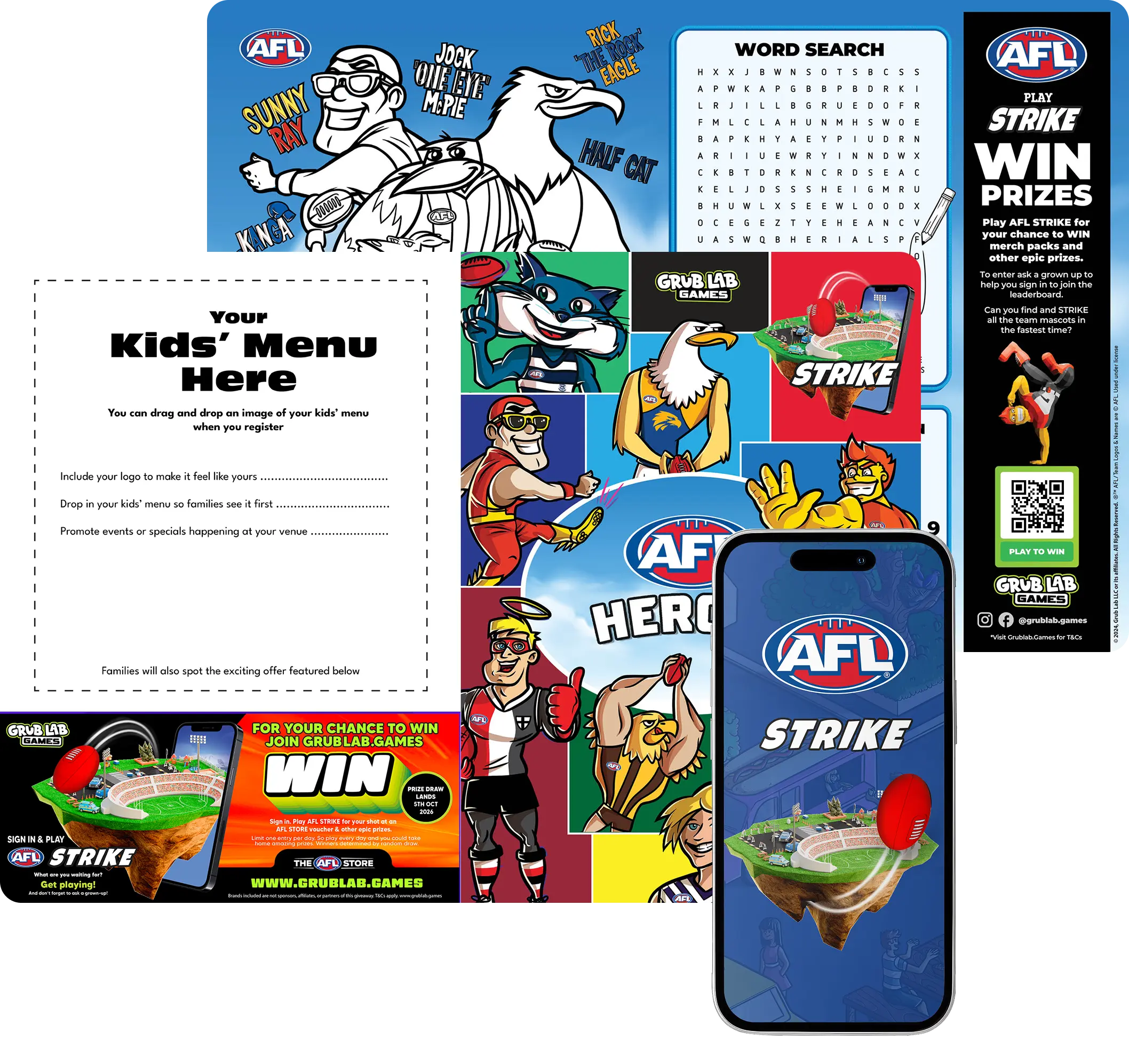 Kids menu materials with branded activities, digital games, and special offers