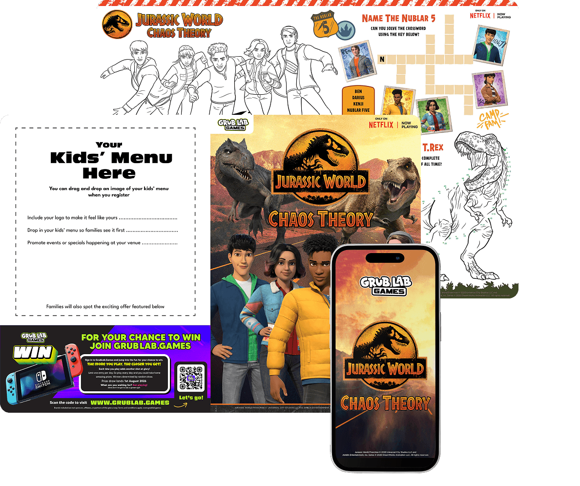 Kids menu materials with branded activities, digital games, and special offers