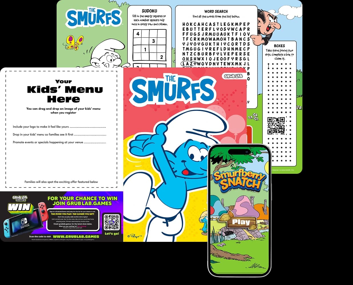 Kids booklet materials with branded activities, digital games, and special offers