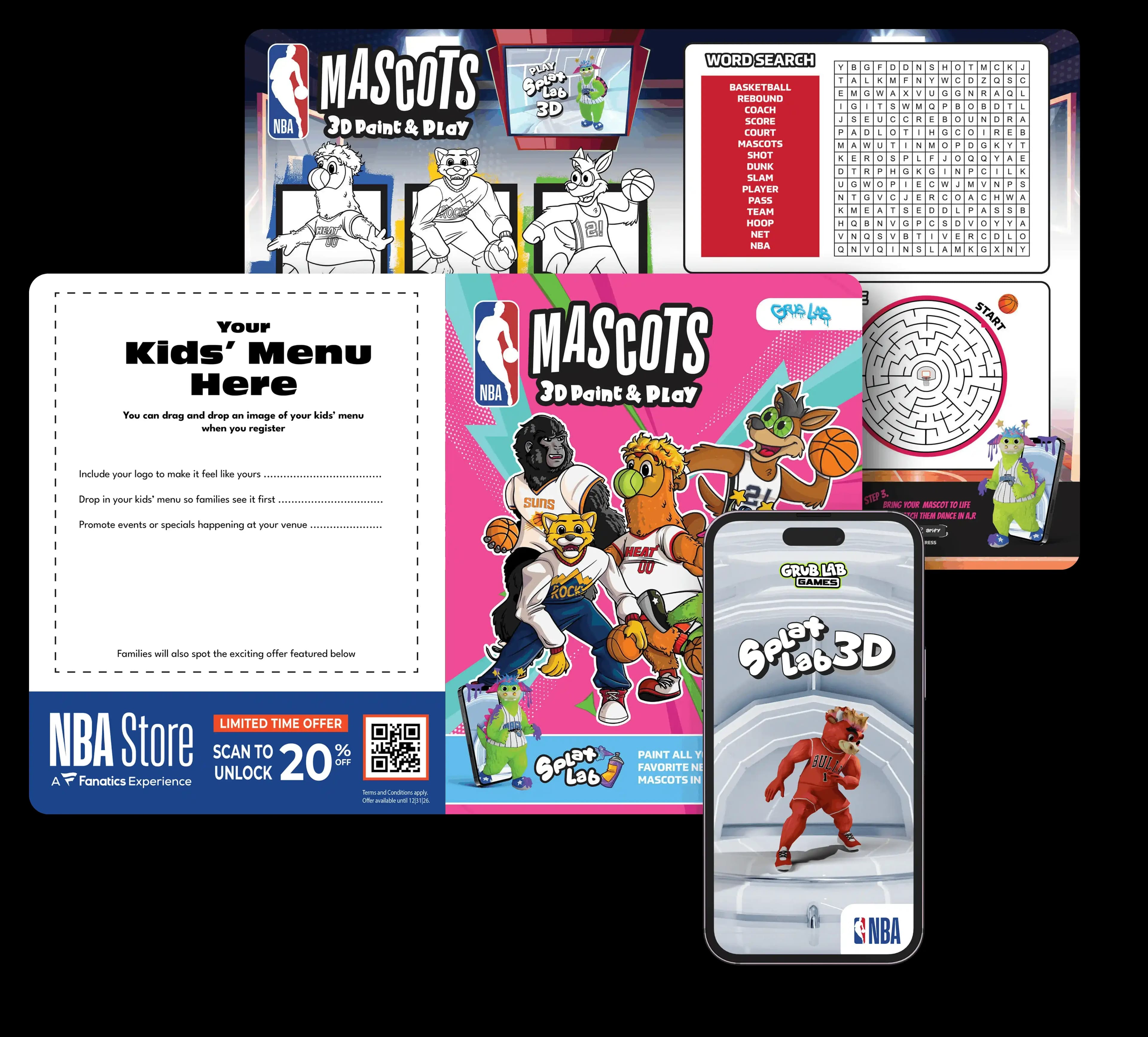 Kids menu materials with branded activities, digital games, and special offers