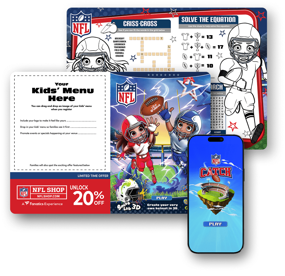 Kids menu materials with branded activities, digital games, and special offers